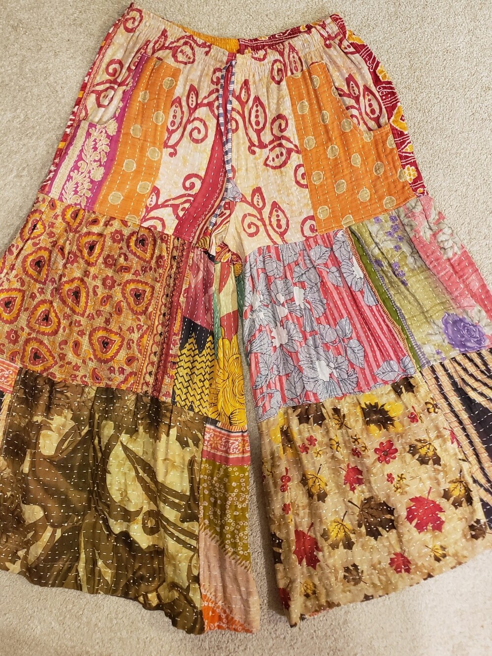 Kantha Plus Size Patchwork Boho Tiered Wide Leg Pants